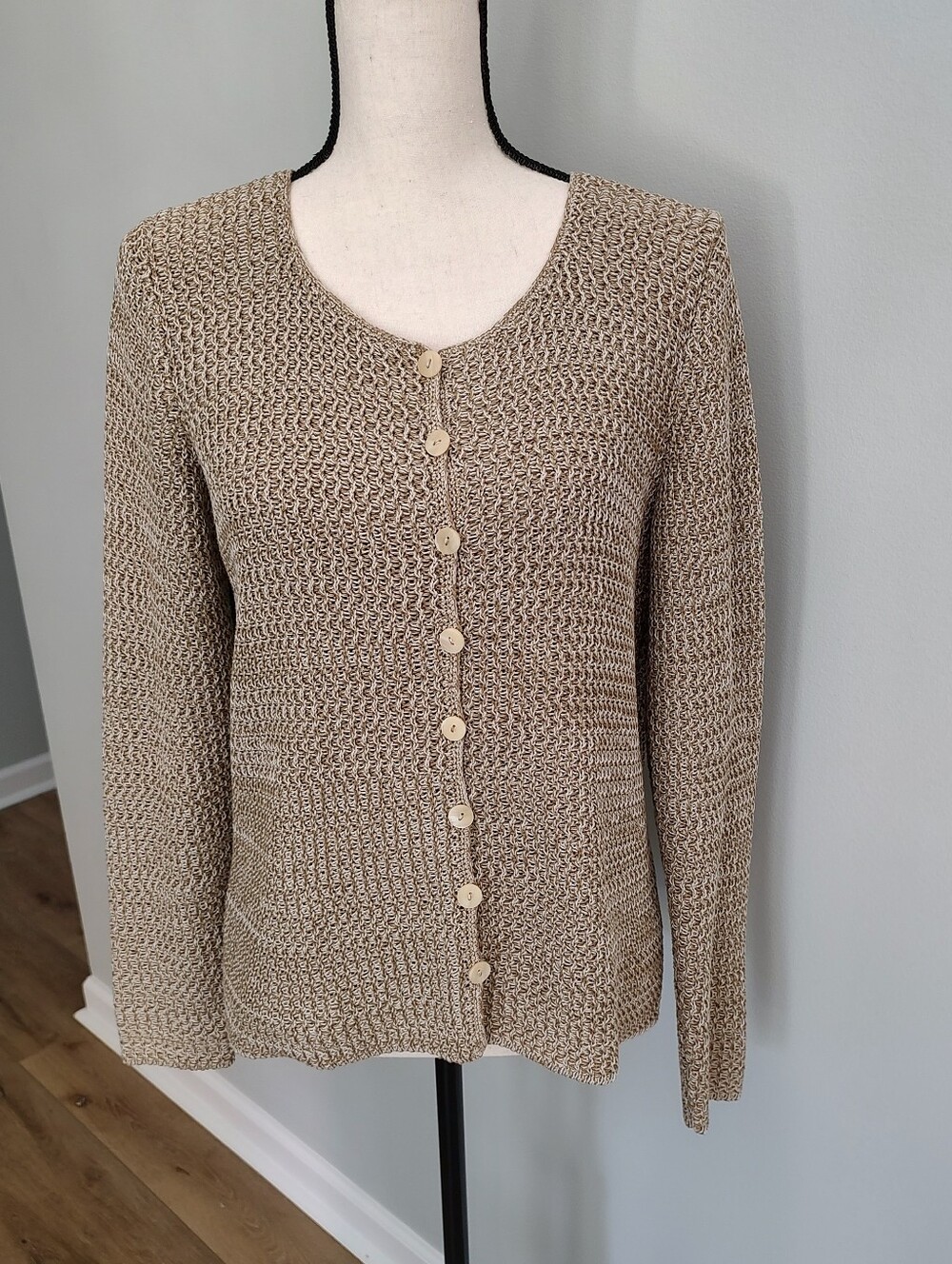 Peruvian Connection Pima Cotton Chunky Weave Knit Sweater Cardigan Beige Tan M